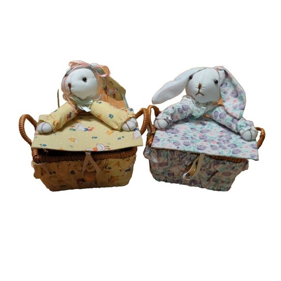 Easter Baskets Plush Bunny Attached Floral Spring Vintage Fabric Decor Ruffles - Picture 1 of 15